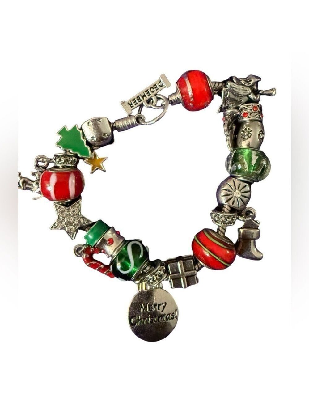 VINTAGE December Christmas Holiday Ornament Slider Rondelle Charm Bracelet 90s